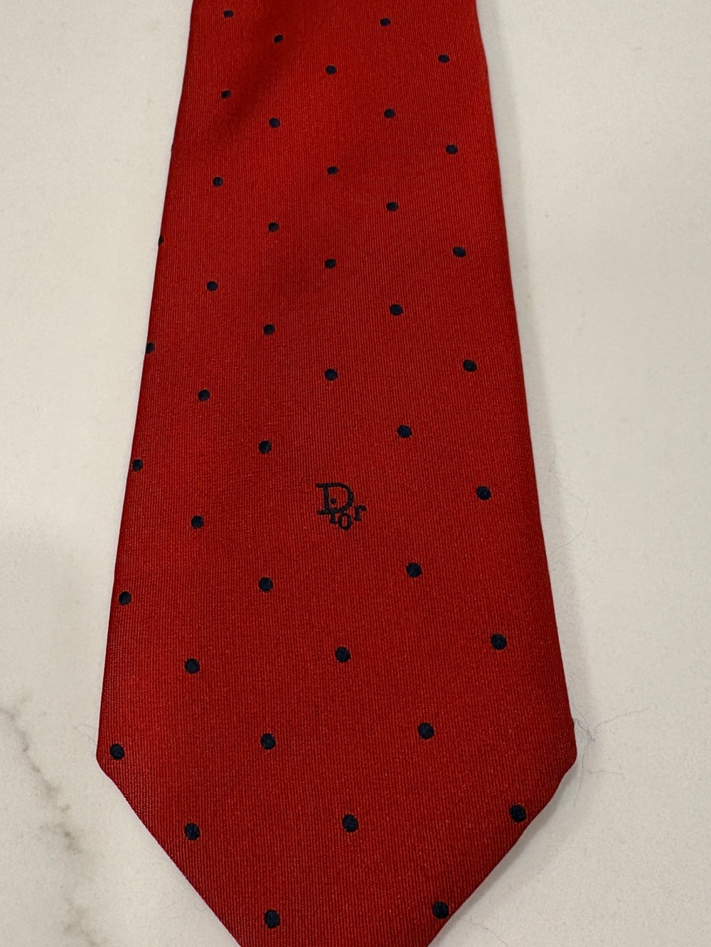 Dior Red Silk Tie with Navy Polka Dots